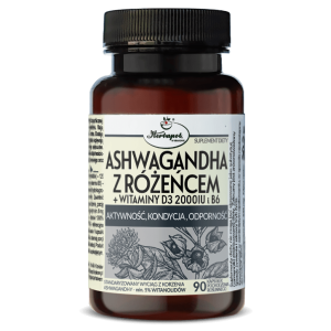 ASHWAGANDHA z RÓŻEŃCEM + witaminy D3 2000 IU i B6 90 kaps.